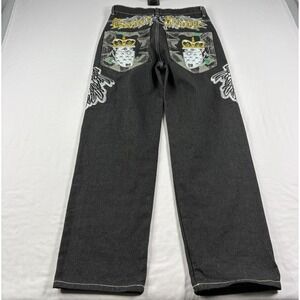 Game Time Jeans Mens 32x30 Black Embroidered Baggy Hip Hop Skater Y2K